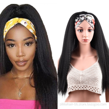 New Black 24 Inch Chic Style Kinky Straight Hair Headband Wig With Pre-attached Scarf Synthetic Yaki Straight Headband Wigs